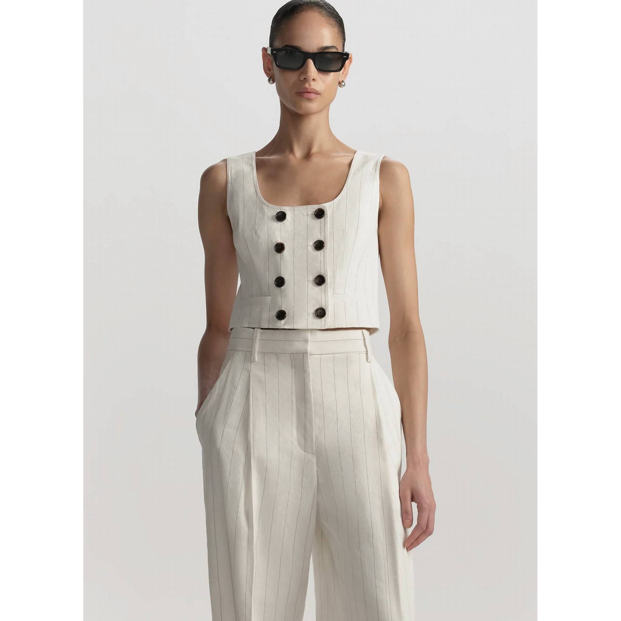 New A.L.C. Darcy Linen Pinstripe Top In Pearl-Brown